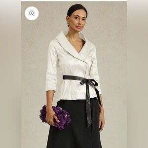 3/4 Sleeve Stretch Taffeta Blouse with Tie Waist Detail